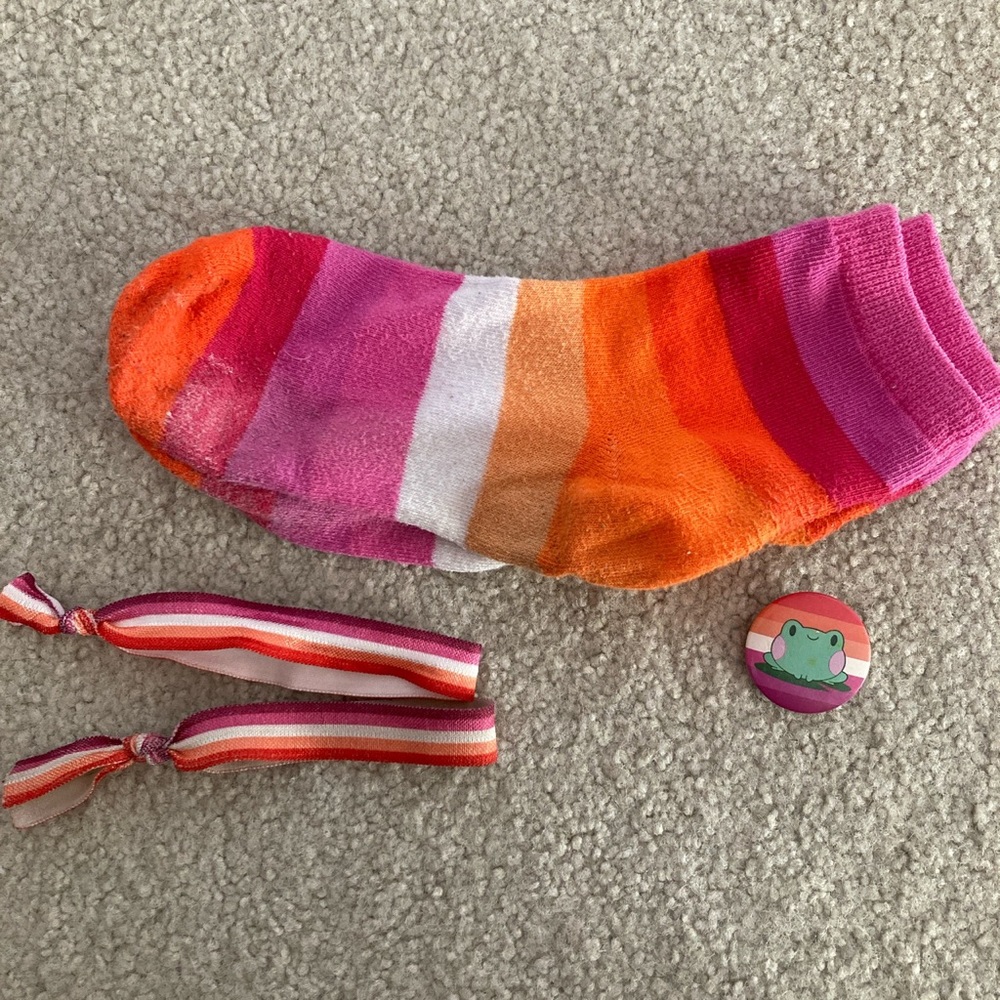 Lesbian Pride Merch Set of Socks, Pin, and Bracelets